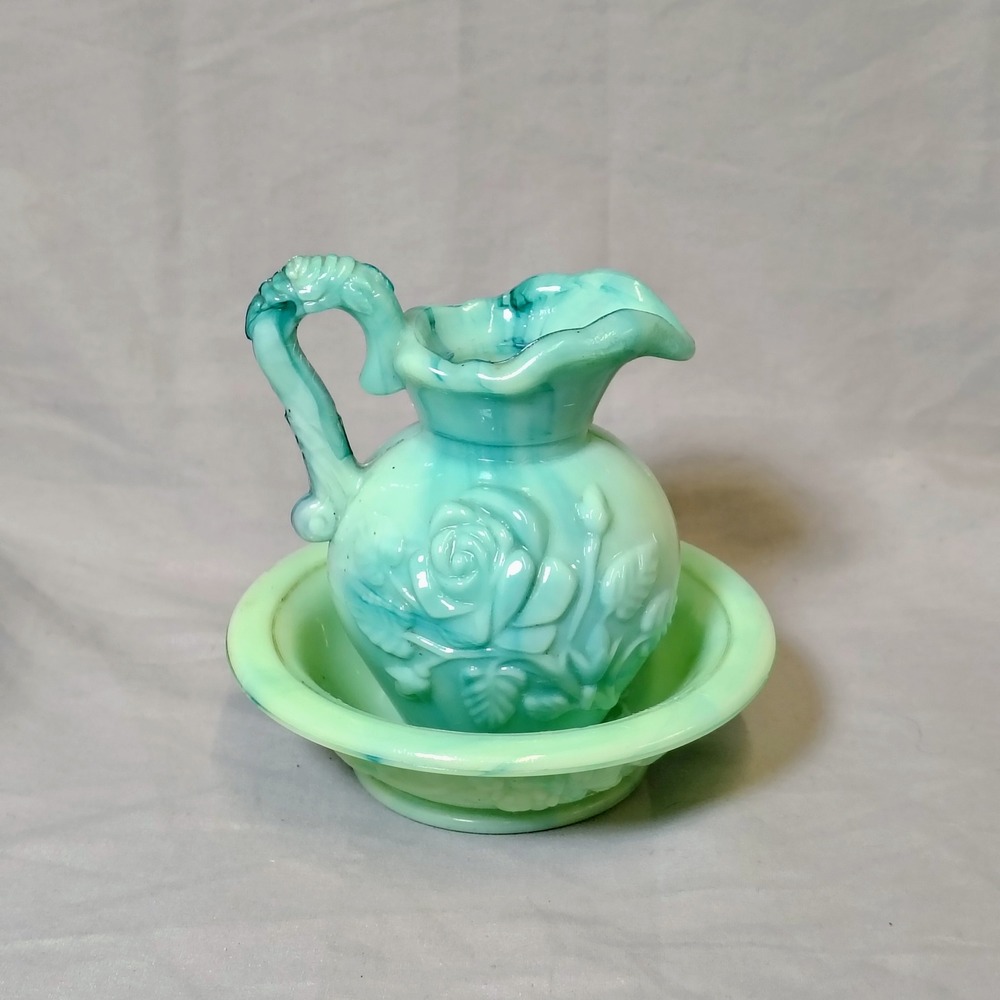Avon Vintage Green Teal Slag Glass Roses Mini Pitcher and Bowl Basin Set